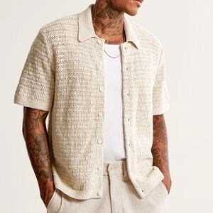 Abercrombie & Fitch Ivory Colored Men's Collared + Button Up Crochet Knit Top